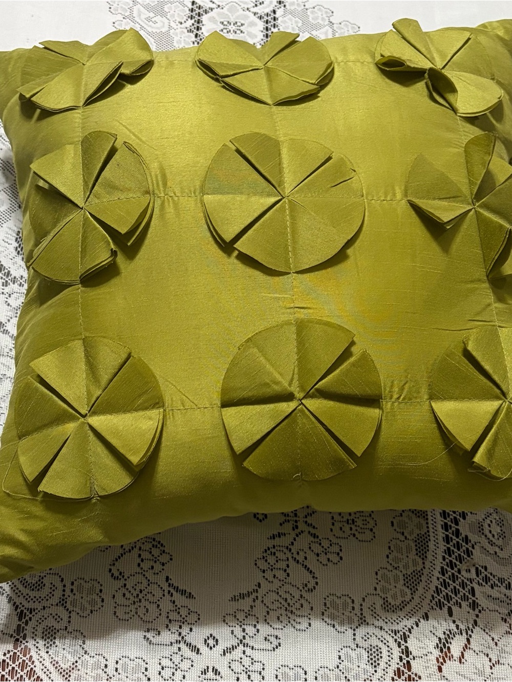 Green Decorative Throw Pillow with Rosette Accents